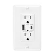 Maxxima 15A USB Wall Outlet Receptacle,  30W Power Delivery QC 3.0 Type-C/A w/ 2 Standard Outlets, High Speed Charging for Smart Devices, Duplex Receptacle Tamper-Resistant, Wall Plate Included