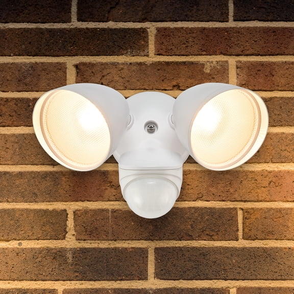 Maxxima 2 Head Outdoor LED Security Light, 2000 Lumens, 5 CCT 2700K-6500K, Motion Sensor, Dusk to Dawn Sensor, White