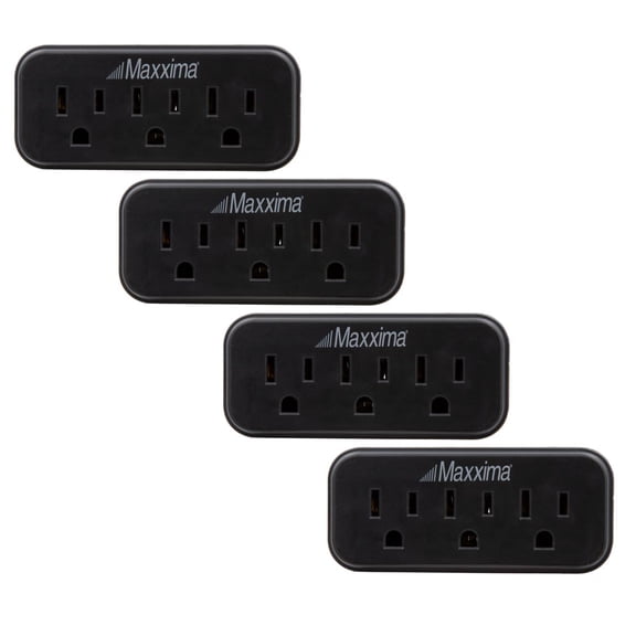 Maxxima 3 Outlet Grounded Wall Plug Adapter, Black (4 Pack)