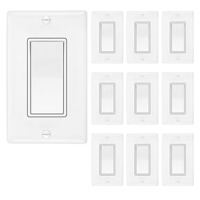 Maxxima 3-Way/Single Pole Decorative Wall Light Switch - 15A On/Off Soft Touch Rocker, White, Paddle Wall Switch Replacement, Perfect for Household Lighting, Wall Plates Included - 10 Pack