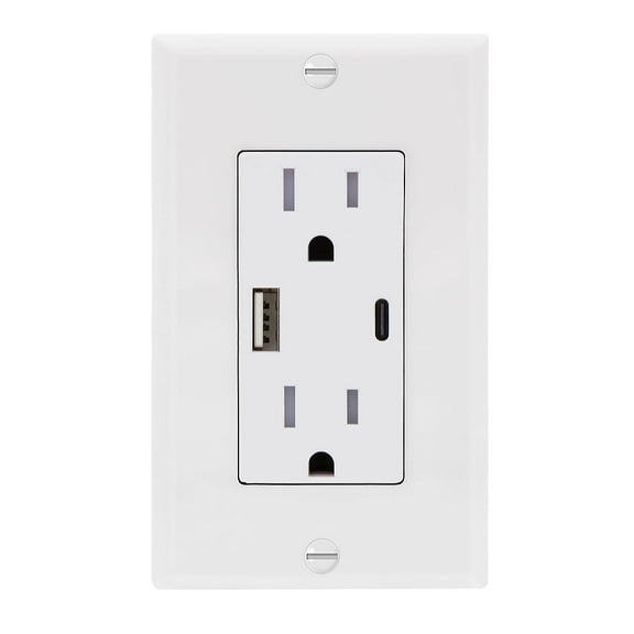 Maxxima 4.8A USB Type-C / A Wall Outlet, Vertical Charging Port, 15A Tamper Resistant, Wall Plate Included, White