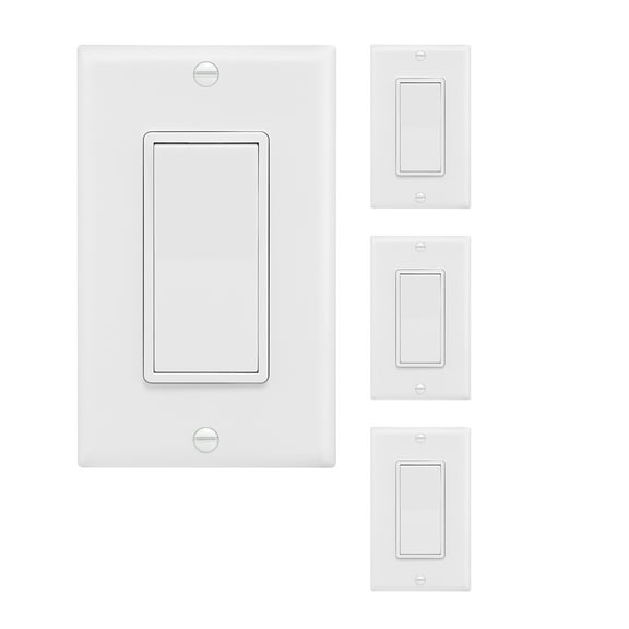 Maxxima 4-Way / Single Pole Decorative Wall Light Switch 15A On/Off Soft Touch Rocker Light, Paddle Wall Switch Replacement, Perfect for Household Lighting, Wall Plates Included - 4 Pack