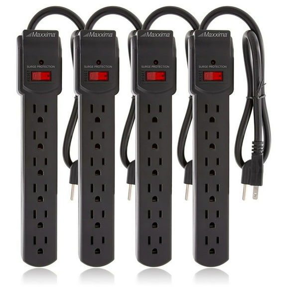 Maxxima 6 Outlet Power Strip - 300 Joules Surge Protection, Black (4 Pack)