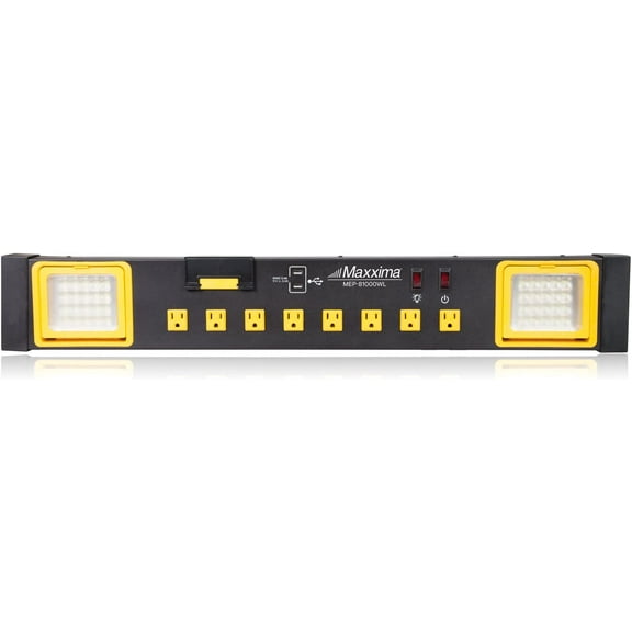 Maxxima 8 Outlet Workshop Heavy Duty Power Station with 2 Port USB and LED Worklight, 1000 Lumens 6000K