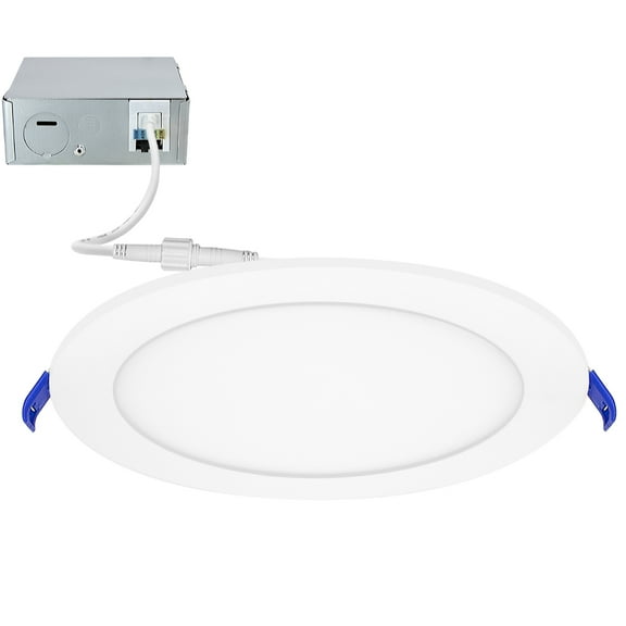 Maxxima 8 in. 5CCT Round Recessed LED Downlight, 1600 Lumens Slim Round Flat Panel Color Selectable 2700K-5000K (2700K/3000K/3500K/4000K/5000K), Dimmable, Canless IC Rated, White Trim, J-Box Included