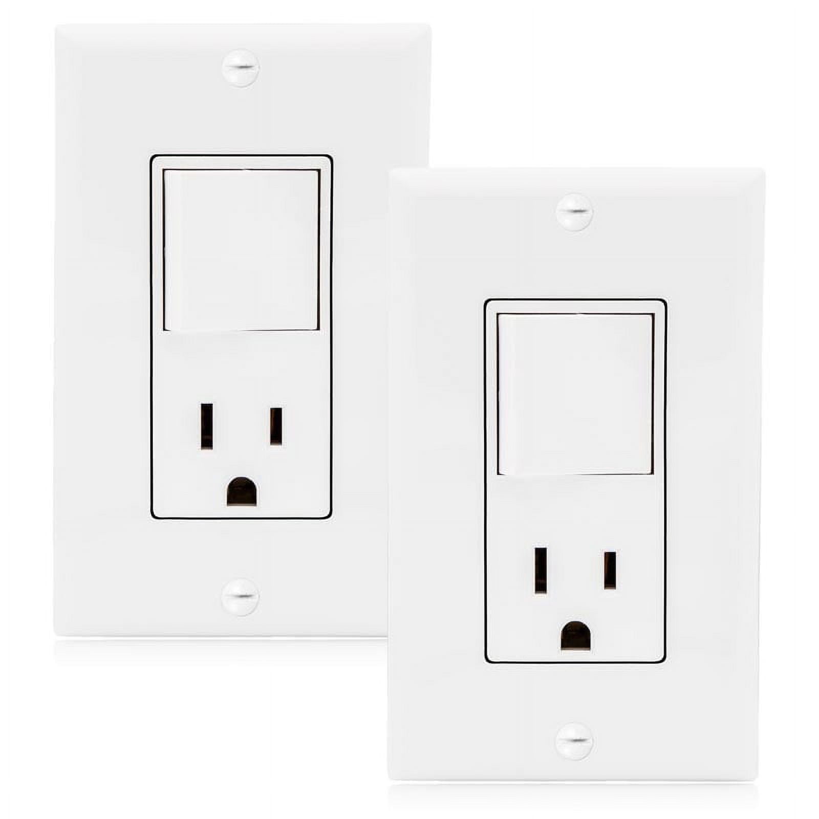 Maxxima Combination Rocker Light Switch and Outlet - Single Pole White Decor Combo Style Receptacle, Wall Plates Included, UL Listed, 15A / 120V AC - 2 Pack