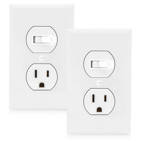 Maxxima Combination Toggle Light Switch and Outlet - Single Pole White Decor Combo Style Receptacle, Wall Plates Included, UL Listed, 15A / 120V AC - 2 Pack