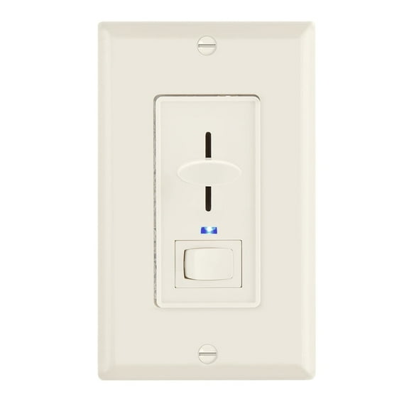 Maxxima Dimmer Electrical Light Switch - Featuring Blue Indicator Light, LED Compatible, 3-Way/Single Pole Use, 600 Watt Max, Dimmable Lamp and Lighting Control, Wall Plate Included - Almond