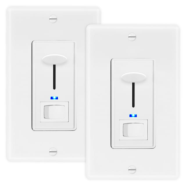 Maxxima Dimmer Electrical Light Switch - Featuring Blue Indicator Light, LED Compatible, 3-Way/Single Pole Use, 600 Watt Max, Dimmable Lamp and Lighting Control, Wall Plate Included - 2 Pack