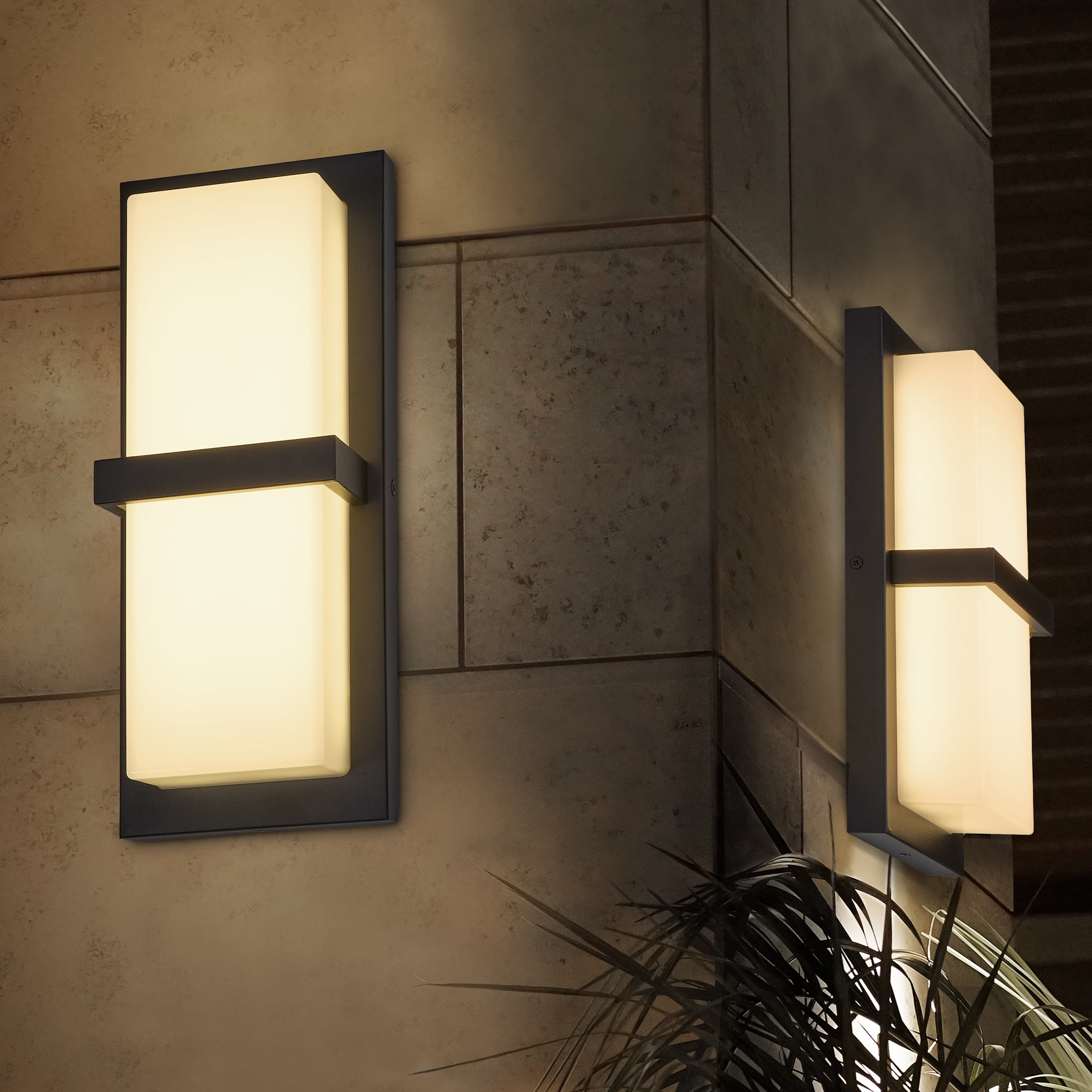 Maxxima LED Outdoor Wall Light, Black w/ Horizontal Bar & Frosted Lens, Modern Porch Light, 1000 Lumens, 5 CCT 2700K-5000K