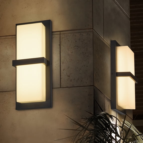 Maxxima LED Outdoor Wall Light, Black w/ Horizontal Bar & Frosted Lens, Modern Porch Light, 1000 Lumens, 5 CCT 2700K-5000K
