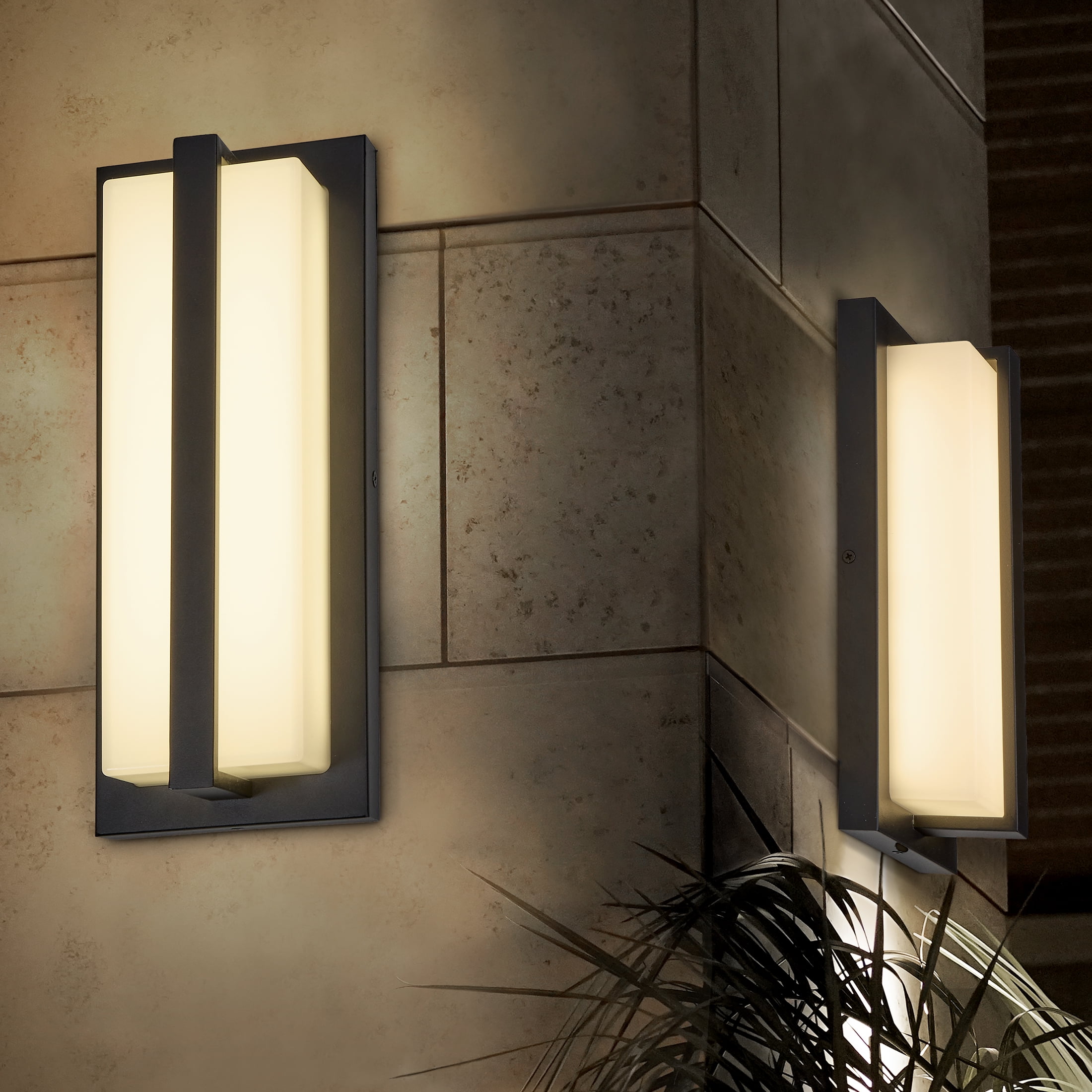 Maxxima LED Outdoor Wall Light, Black w/ Vertical Bar & Frosted Lens, Modern Porch Light, 1000 Lumens, 5 CCT 2700K-5000K