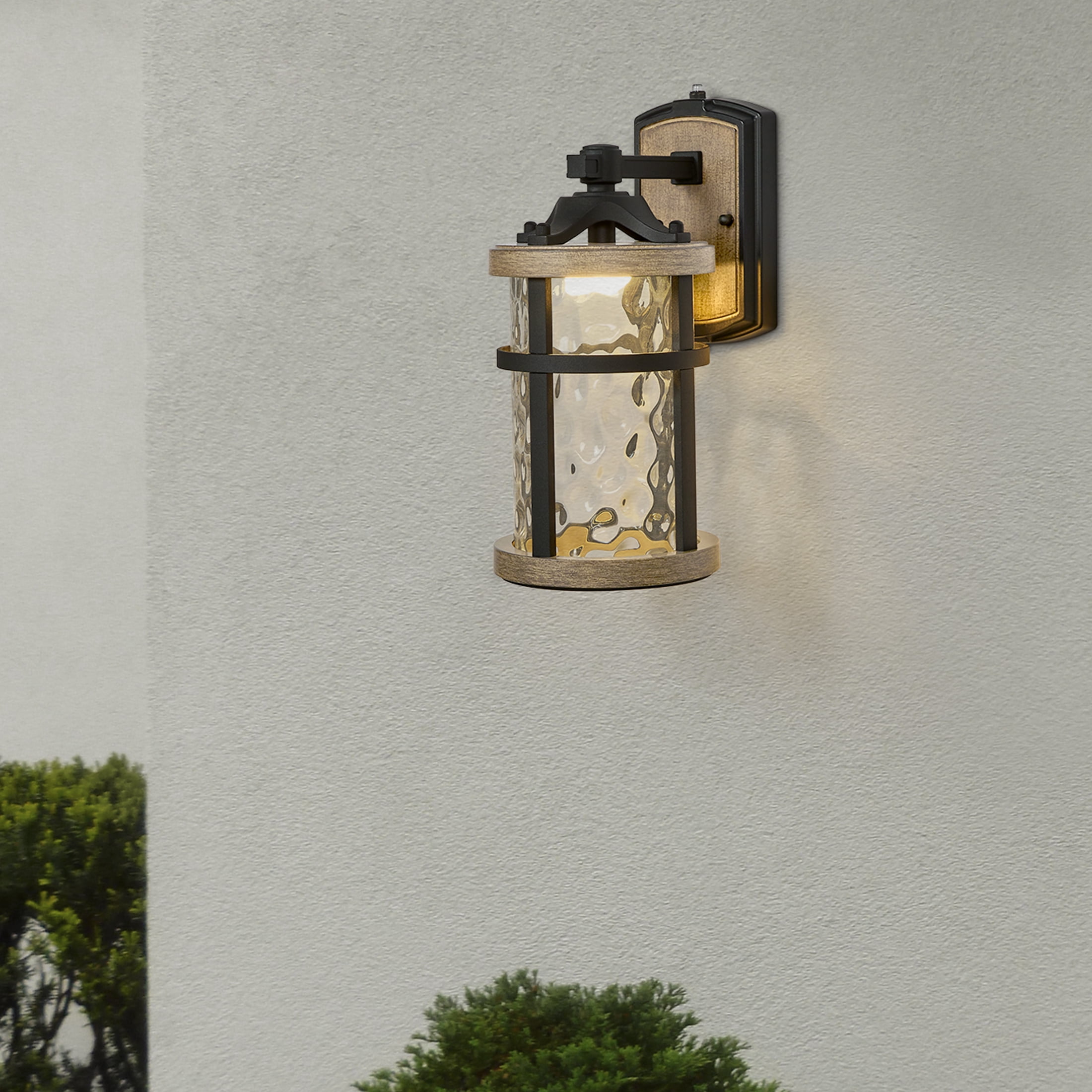 Maxxima LED Outdoor Wall Light, Black w/ Wood Grain Style Finish, Clear Hammered Glass, 800 Lumens, 3000K Warm White, Dusk to Dawn Sensor, Farmhouse Wall Mount Sconce, Rustic Coach Lantern