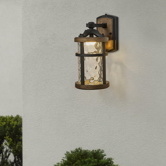 Maxxima LED Outdoor Wall Light, Black w/ Wood Grain Style Finish, Clear Hammered Glass, 800 Lumens, 3000K Warm White, Dusk to Dawn Sensor, Farmhouse Wall Mount Sconce, Rustic Coach Lantern