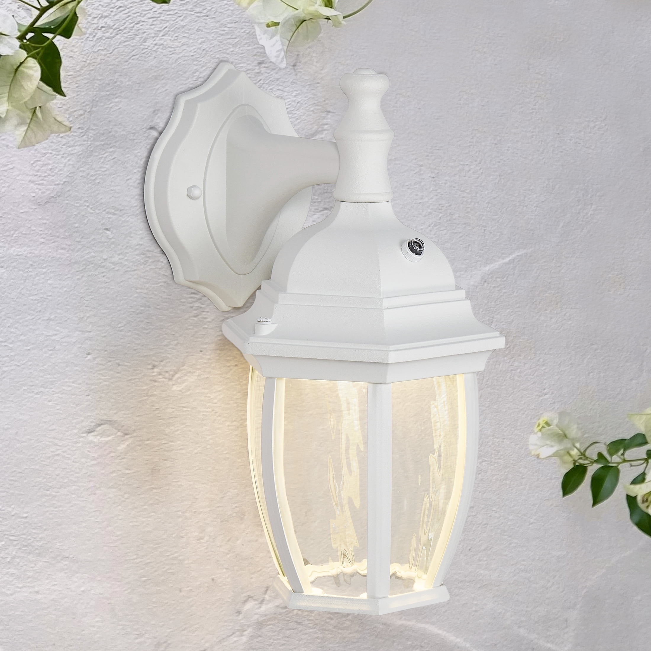Maxxima LED Outdoor Wall Light, White w/ Clear Water Glass, Dusk to Dawn Sensor, 580 Lumens, 3000K Warm White