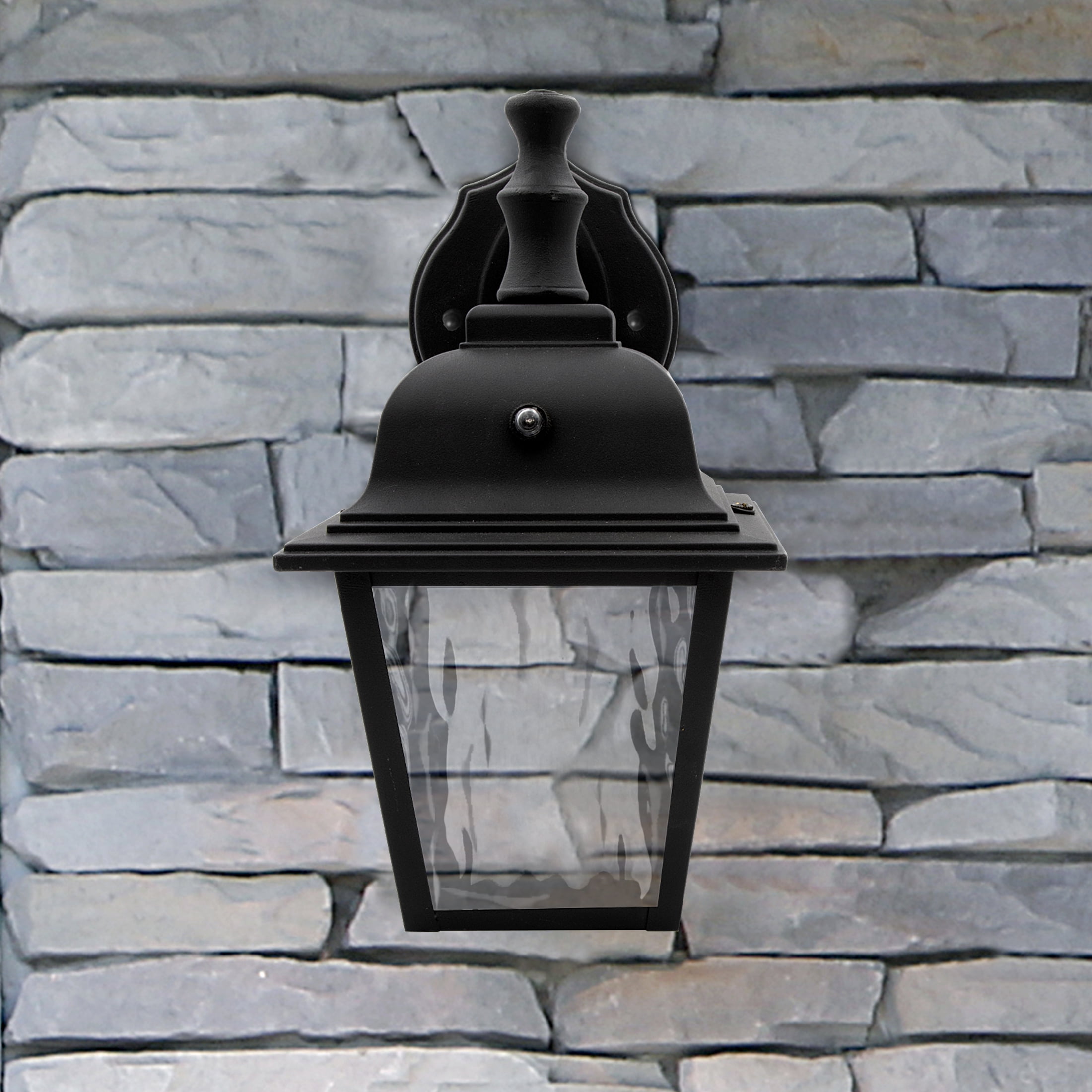 Maxxima LED Porch Lantern Black, Water Glass, Photocell Sensor, 875 Lumens, 3000K Warm White, Dusk to Dawn Sensor