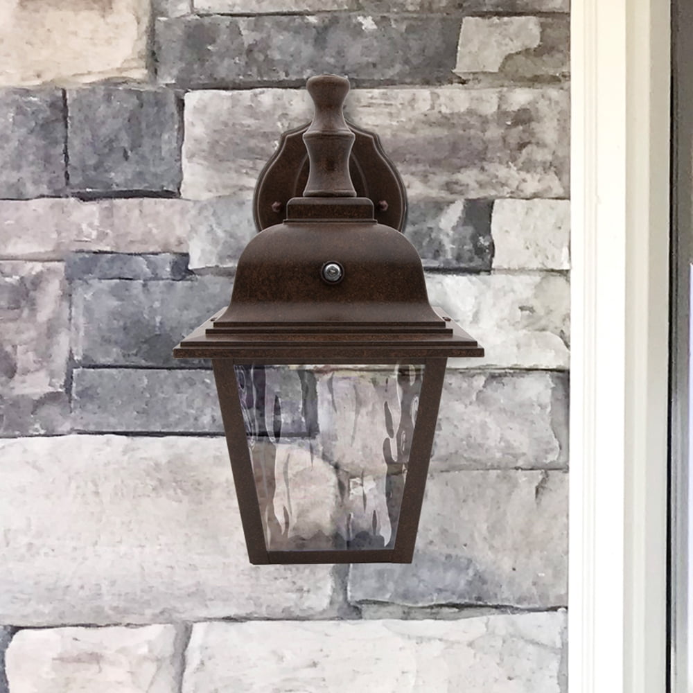 Maxxima LED Porch Lantern Outdoor Wall Light Fixture - Aged Bronze, Clear Water Glass, Photocell Sensor, 875 Lumens, 3000K Warm White, Dusk to Dawn Light Sensor, Exterior Decorative Light