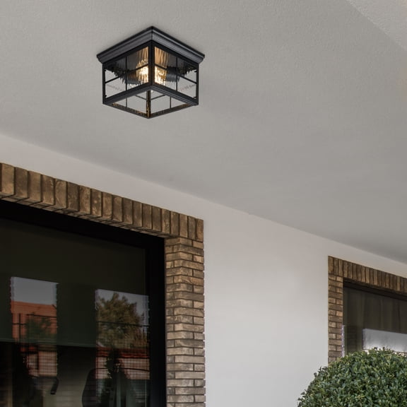Maxxima Outdoor Flush Mount Ceiling Light: Black, Water Glass, 2-Light, Square, Farmhouse Porch/Patio, Close to Ceiling, Bulbs Not Included.