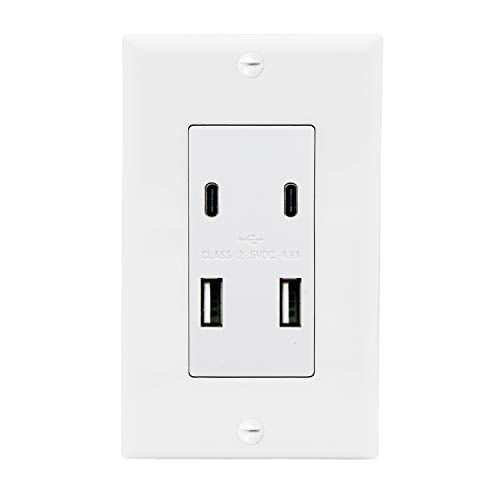 Maxxima USB Receptacle Outlet, 4.8A USB C/A High Speed 4 USB Wall Outlet, Vertical USB Charger Ports, Outlet Wall Plate Included