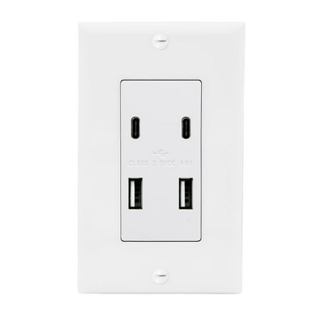 Maxxima USB Receptacle Outlet - 4.8A USB C/A High Speed 4 USB Wall Charger Ports, Vertical Multi-Plug Socket, Electrical AC Replacement, Outlet Wall Plate Included - White