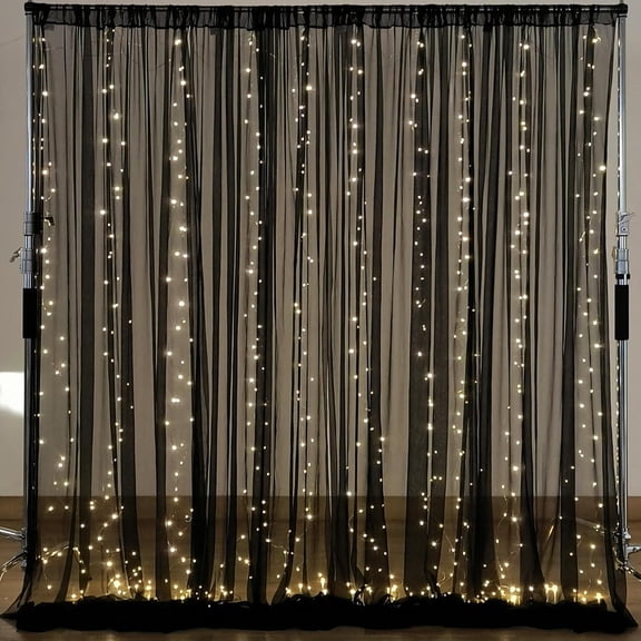 Maxxmarket 10×10ft Black Tulle Backdrop Curtain with Lights String for Parites, Sheer Photo Backdrop Curtains for Wedding Party Photography Background