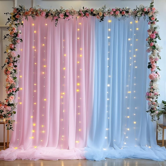 Maxxmarket 10×10ft Pink Blue Tulle Backdrop Curtain with Lights String for Parties, Sheer Photo Backdrop Curtains for Wedding Party Photography Background