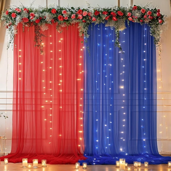 Maxxmarket 10×10ft Royal Blue Red Tulle Backdrop Curtain with Lights String for Parties, Sheer Photo Backdrop Curtains for Wedding Party Photography Background