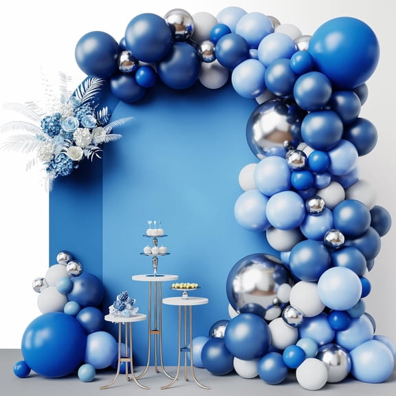 Maxxmarket 144pcs Blue Balloons Arch Garland Kit, 18/12/10/5 Inch Blue White and Silver Party Balloons Silver Confetti Latex Balloons for Birthday Wedding Baby Shower Deorations