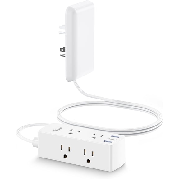 Maxxmarket Flat Extension Cord with Outlet Cover, Flat Plug Power Strip with 6 Outlets and 3 USB Ports, 2000 Joules Surge Protector, 5 FT Cord Hidden Outlet Extender for Tight Spaces, White