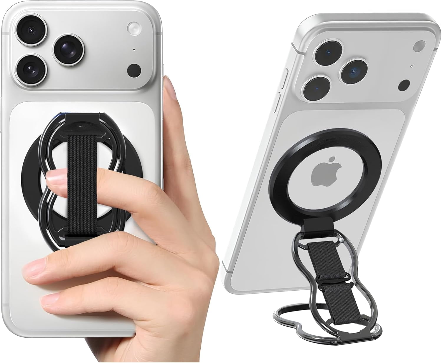 Maxxmarket-Magnetic-Phone-Grip-Stand-with-Finger-Strap, 4-in-1 Magnetic Ring Holder, Kickstand and Elastic Strap for Phones, Universal Fit for iPhone 17/16/15/14/13/12, Android, and Cases (Black)