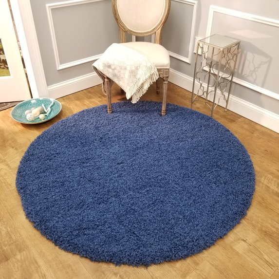 Maxy Home Bella Solid Navy Blue 5 ft. Round Shag Area Rug