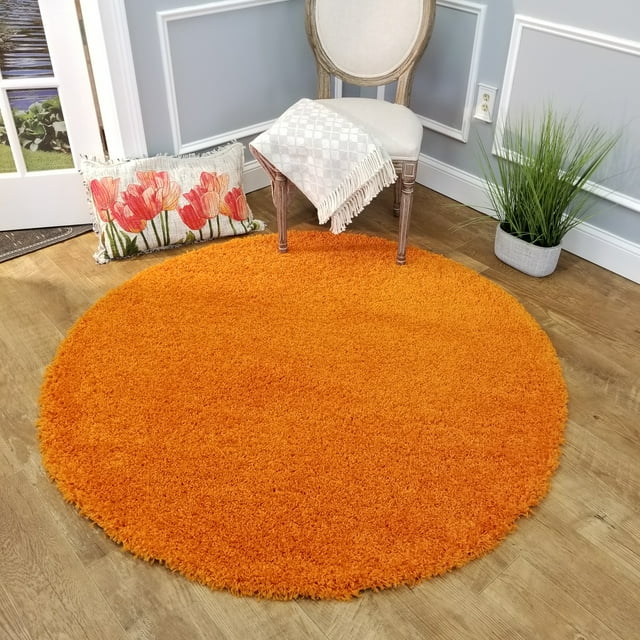 Maxy Home Bella Solid Orange 5 ft. Round Shag Area Rug