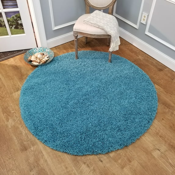 Maxy Home Bella Solid Turquoise Blue 5 ft. Round Shag Area Rug