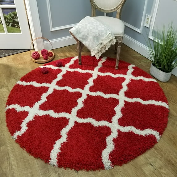 Maxy Home Bella Trellis Red 5 ft. Round Shag Area Rug