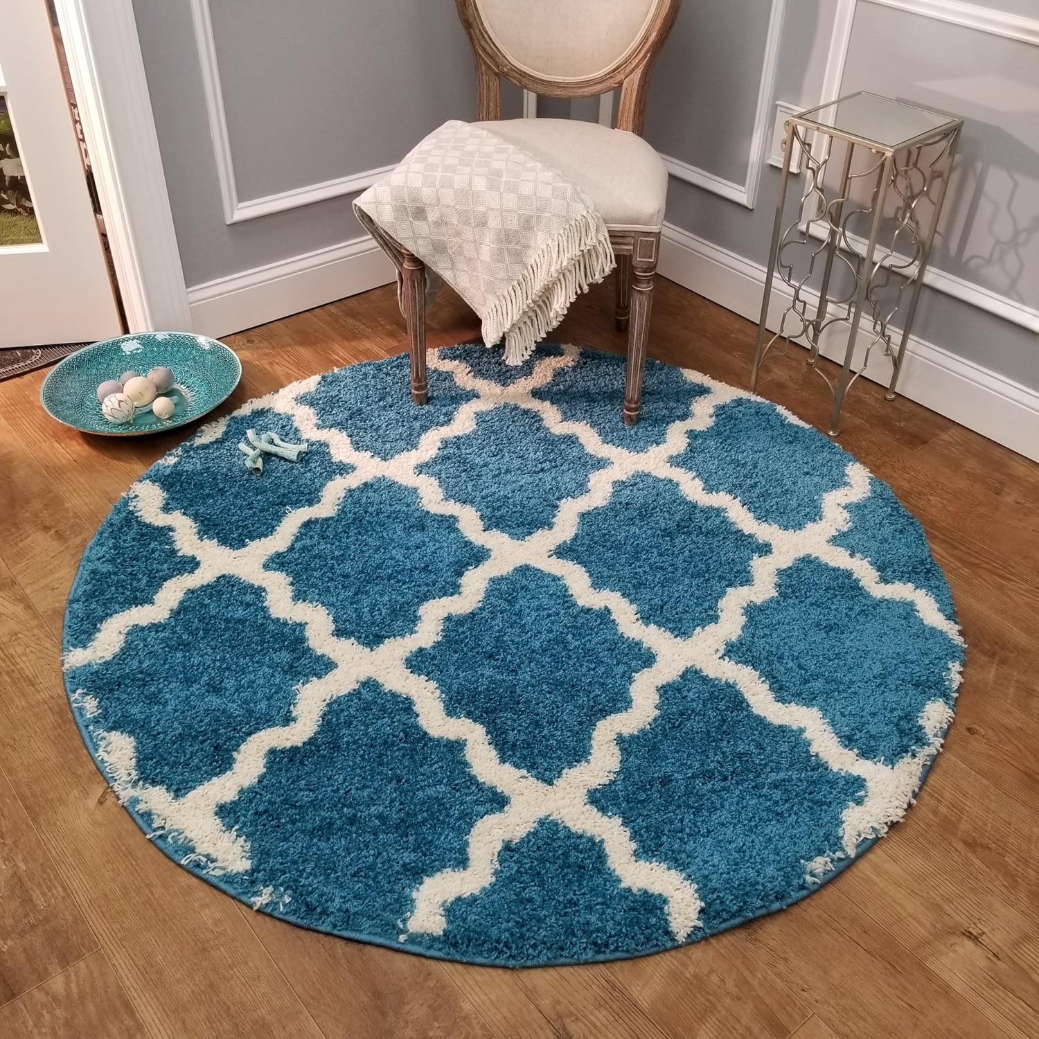 Maxy Home Bella Trellis Turqoise Blue 5 ft. Round Shag Area Rug ...