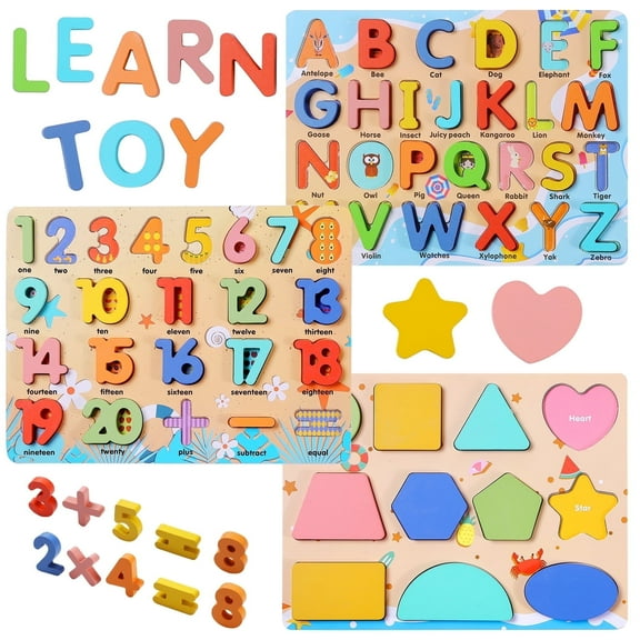 Maxzola inc. Wooden Alphabet Number Shape Puzzles Preschool Learning Toys for Boys Girls Ages 3-6 Year olds