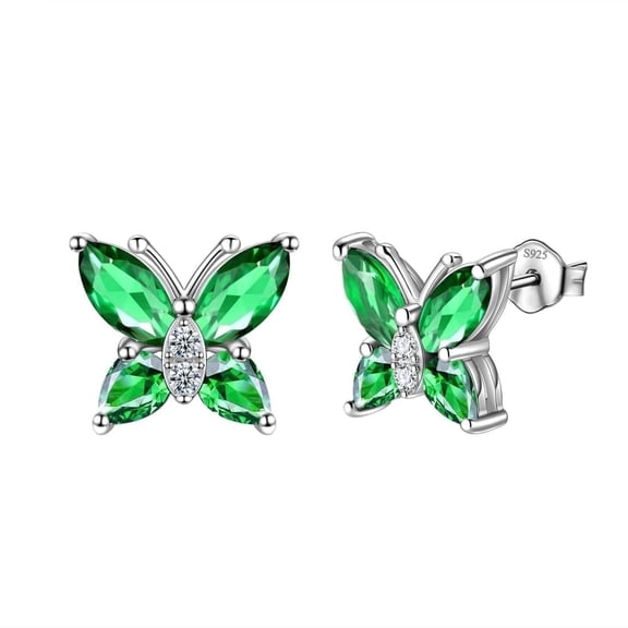 Juwaliy May Birthstone Earrings Emerald Green Butterfly Earring Stud 925 Sterling Silver Fine Jewelry Women Wife Valentines Mother's Day Gifts for Mom