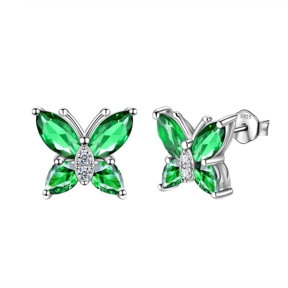 Juwaliy May Birthstone Earrings Emerald Green Butterfly Earring Stud 925 Sterling Silver Fine Jewelry Women Wife Valentines Mother's Day Gifts for Mom
