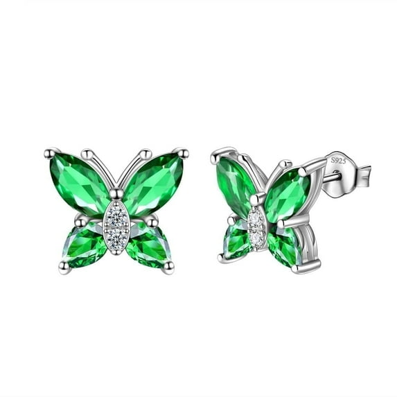 Juwaliy May Birthstone Earrings Emerald Green Butterfly Earring Stud 925 Sterling Silver Fine Jewelry Women Wife Valentines Mother's Day Gifts for Mom