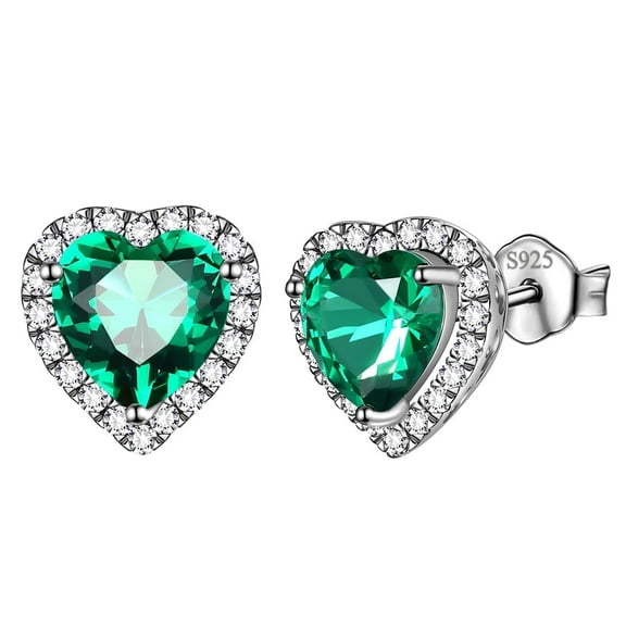 May Birthstone Earrings for Women, Green Heart Earrings Emerald CZ 925 Sterling Silver Stud Earrings Crystal Jewelry Birthday Mother's Day Gifts