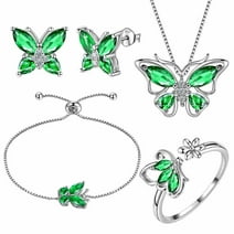 May Birthstone Jewelry Set Emerald Green Butterfly Fine Necklace/Earrings/Ring/Bracelet 925 Sterling Silver Women Girls Birthday Mother's Day Gifts