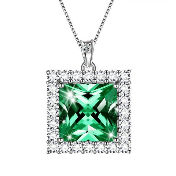 6 Carat May Birthstone Necklace Emerald Pendant Princess Cut Green CZ 925 Sterling Silver Jewelry Women Birthday Xmas Valentine Mother's Day Gift