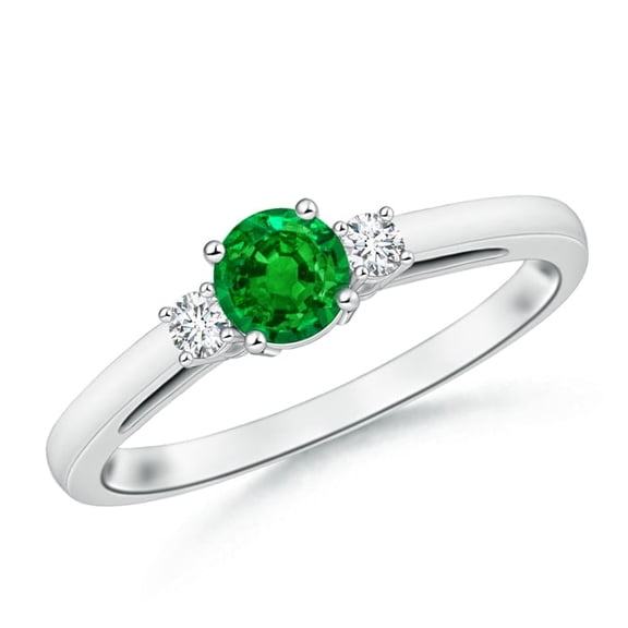 May Birthstone Ring - Round Emerald & Diamond Three Stone Engagement Ring in Platinum (5mm Emerald) - SR0655ED-PT-AAAA-5-5.5