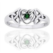 SILVER INSANITY May Birthstone Ring - Sterling Silver Simulated Emerald Glass Celtic Trinity Knot Heart