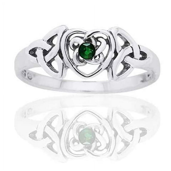 May Birthstone Ring - Sterling Silver Simulated Emerald Glass Celtic Trinity Knot Heart