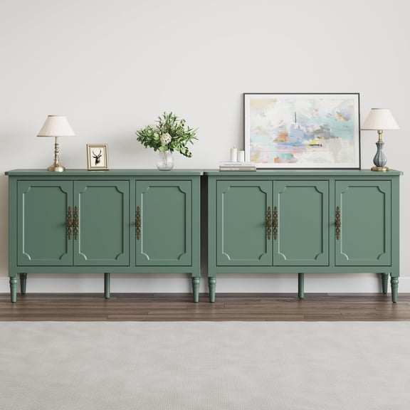 May in Color 2 Piece Storage Cabinet with 3 Doors, Sideboard Cabinet with Adjustable Shelves, Wood Buffet Cabinet with Turned Legs, Accent Cabinet for Entryway, Living Room, Dining Room, Green