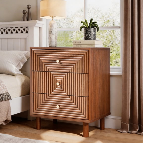 May in Color 3-Drawer Nightstand with Solid Wood Legs, Chest of Drawers with Gold Handles, Accent Bedside Table for Bedroom, Living Room, Entryway, Brown