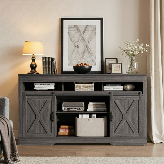 May in Color 34'' Tall TV Stand for 65"+ Inch TV, Farmhouse TV Console for 23" Fireplace, with Sliding Bar Door, Rustic Entertainment Center for Living Room, Bedroom (Dark Grey)