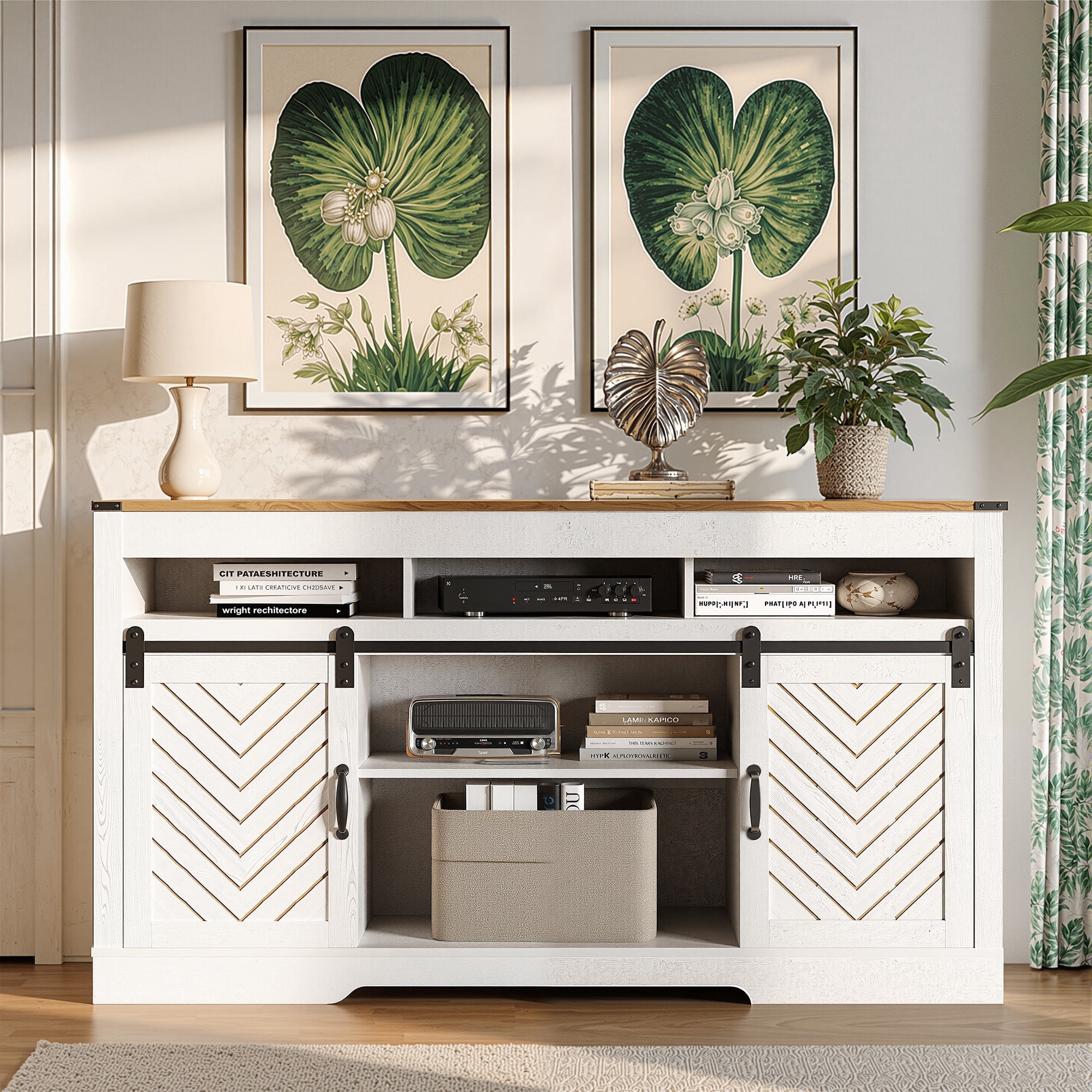 May in Color Farmhouse TV Stand, 34 Inch Tall, for 65+ Inch TV, Sliding Bar Door, Wood-Tone White