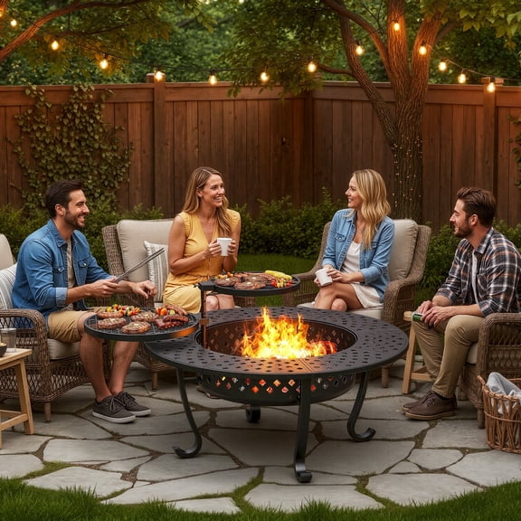 May in Color 43'' Fire Pit with 2 Grills, Outdoor Wood Burning Fireplace with Lid and Fire Poker, BBQ & Bonfire & Round Metal Table 3 in 1 for Patio, Backyard, Garden, Black